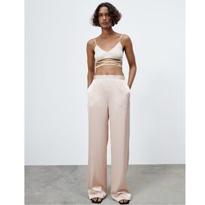 ZARA Satin Effect Striped High Rise Wide Leg Pull On Loose Flowy Baggy Trousers